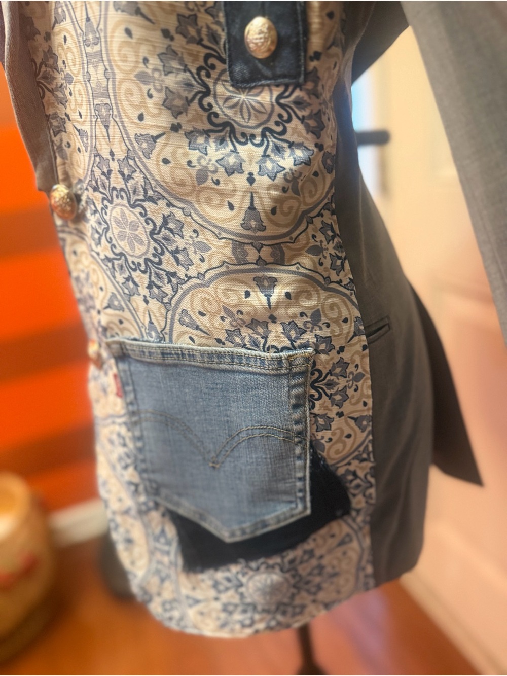 Crown & Ivy Gray Blazer with Blue Paisley and Denim Patchwork - Men’s Blazer - Picture 5 of 11